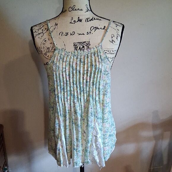 Free People Floral Pleated Camisole - Cream and Green Small - Picture 1 of 11